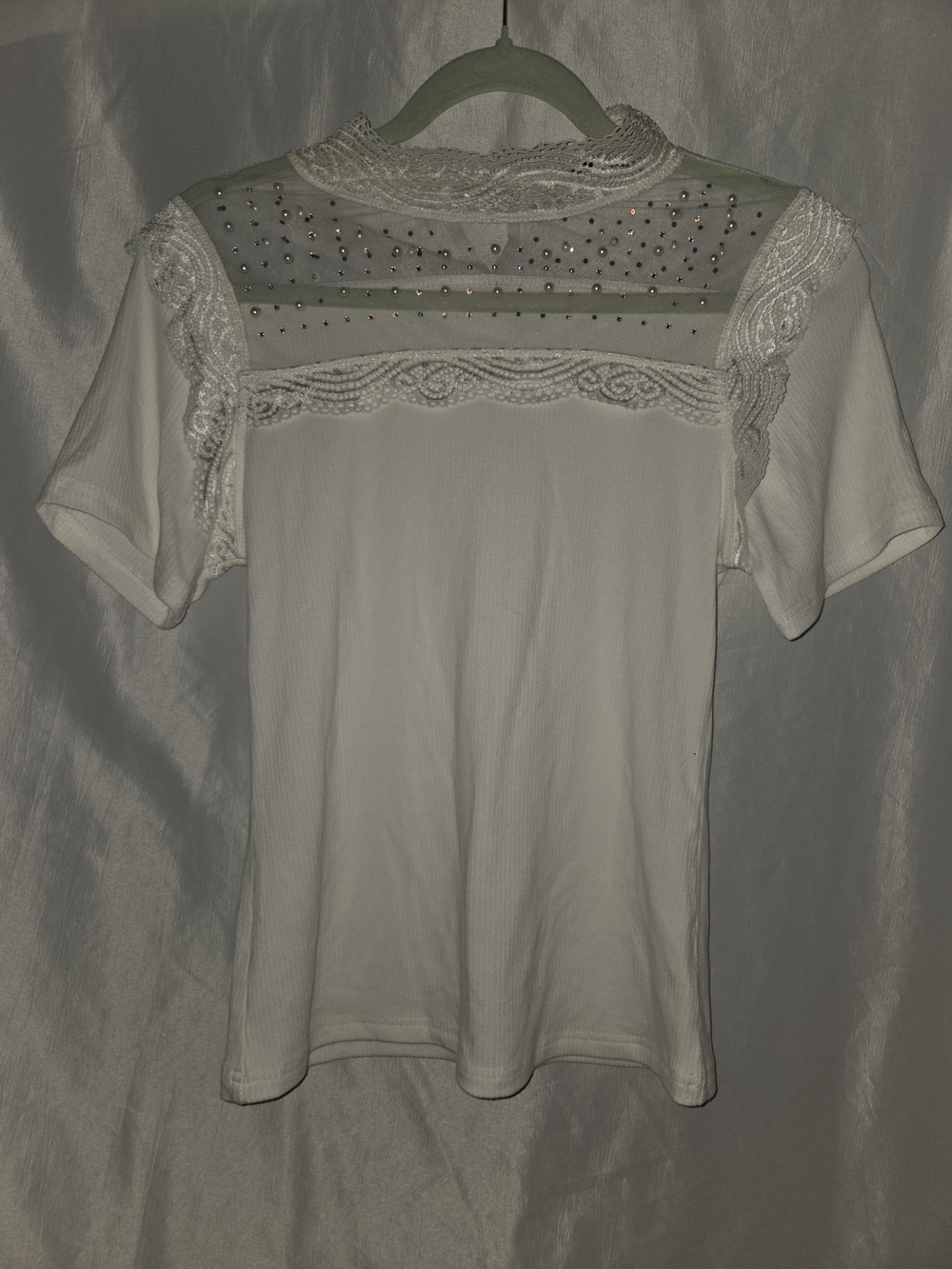 Women's White Lace & Embellished Short Sleeve Top